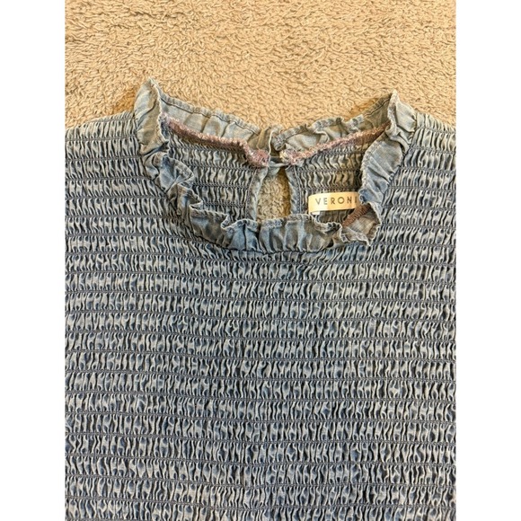 Veronica Beard Chambray Smocked Denim Top Ruffle Neck Puff Sleeve Blouse Women 2 - Picture 9 of 16